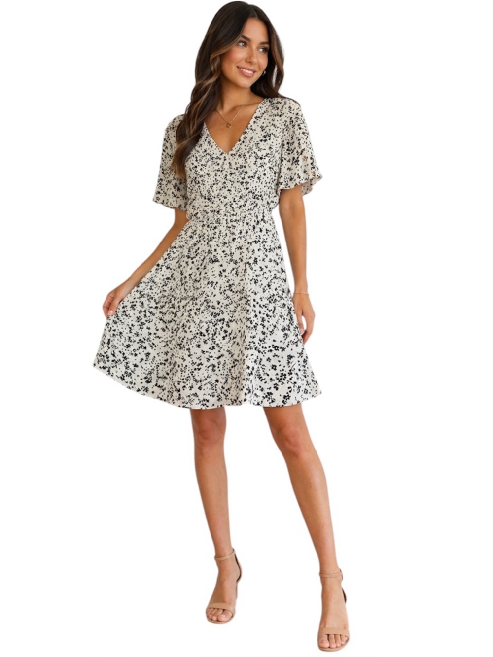 Floral Fit & Flare Dress V-Neck Flutter Sleeve Size XS Black White